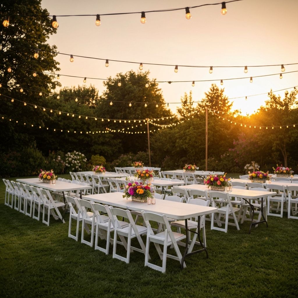 White folding chairs arranged for an outdoor event in Durham Region