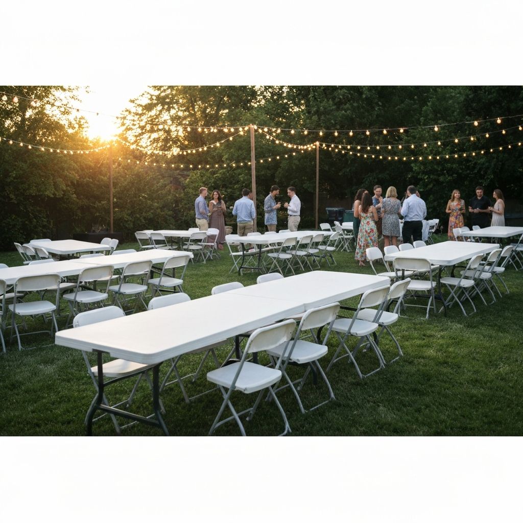Large backyard birthday party setup with rented white folding chairs and tables in Pickering Durham Region - Gather and Go Rentals