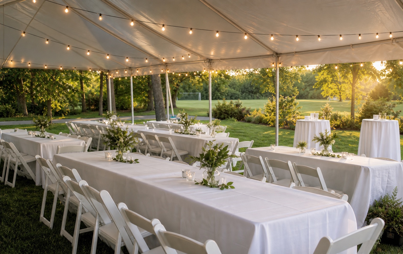 A refined canopy event setup with white tables, chairs, cocktail tables, and warm string lighting