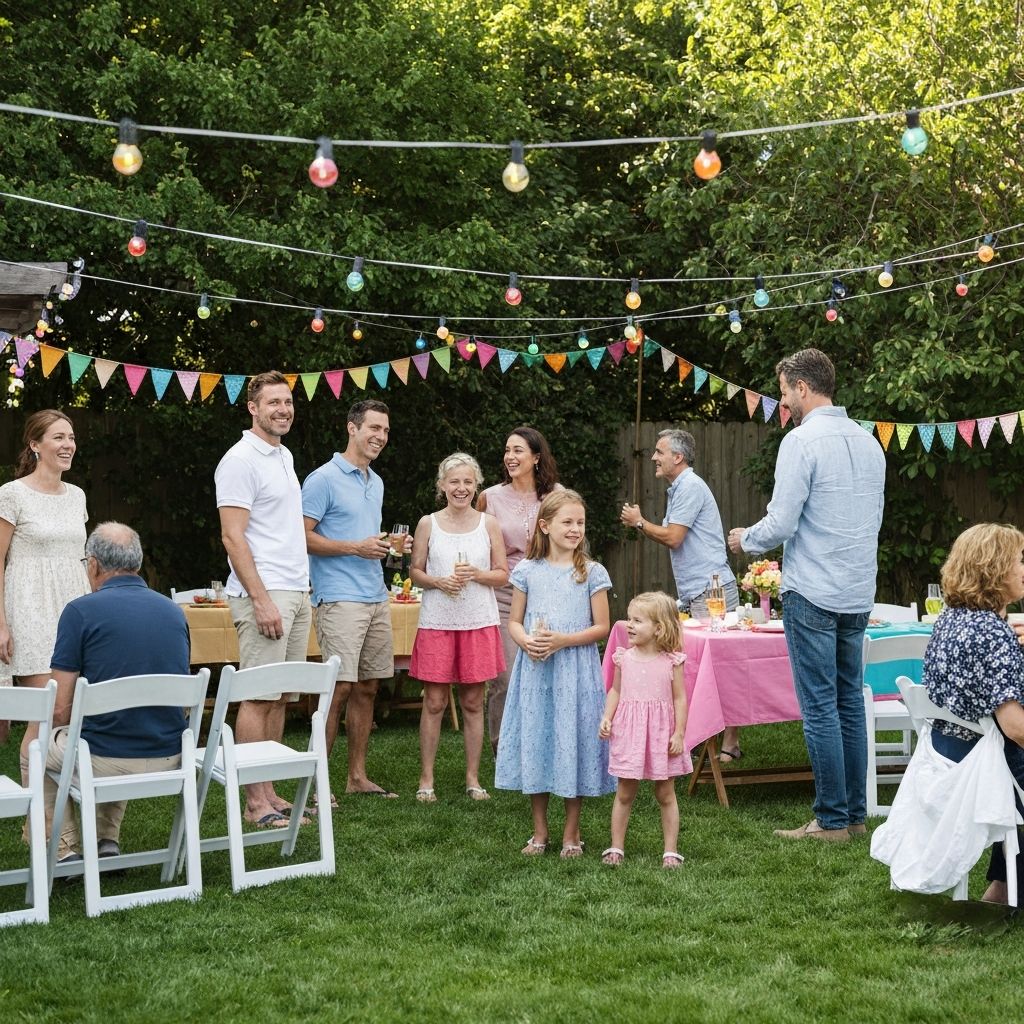 Happy family enjoying backyard party with rented chairs and tables in Courtice Durham Region - Gather and Go Rentals