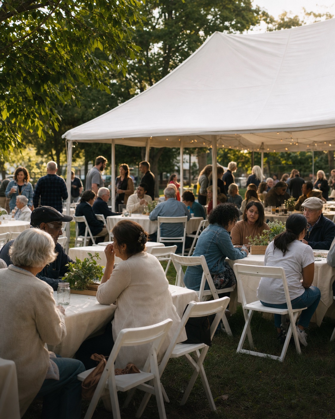 A welcoming community gathering with white tables and chairs beneath an event canopy