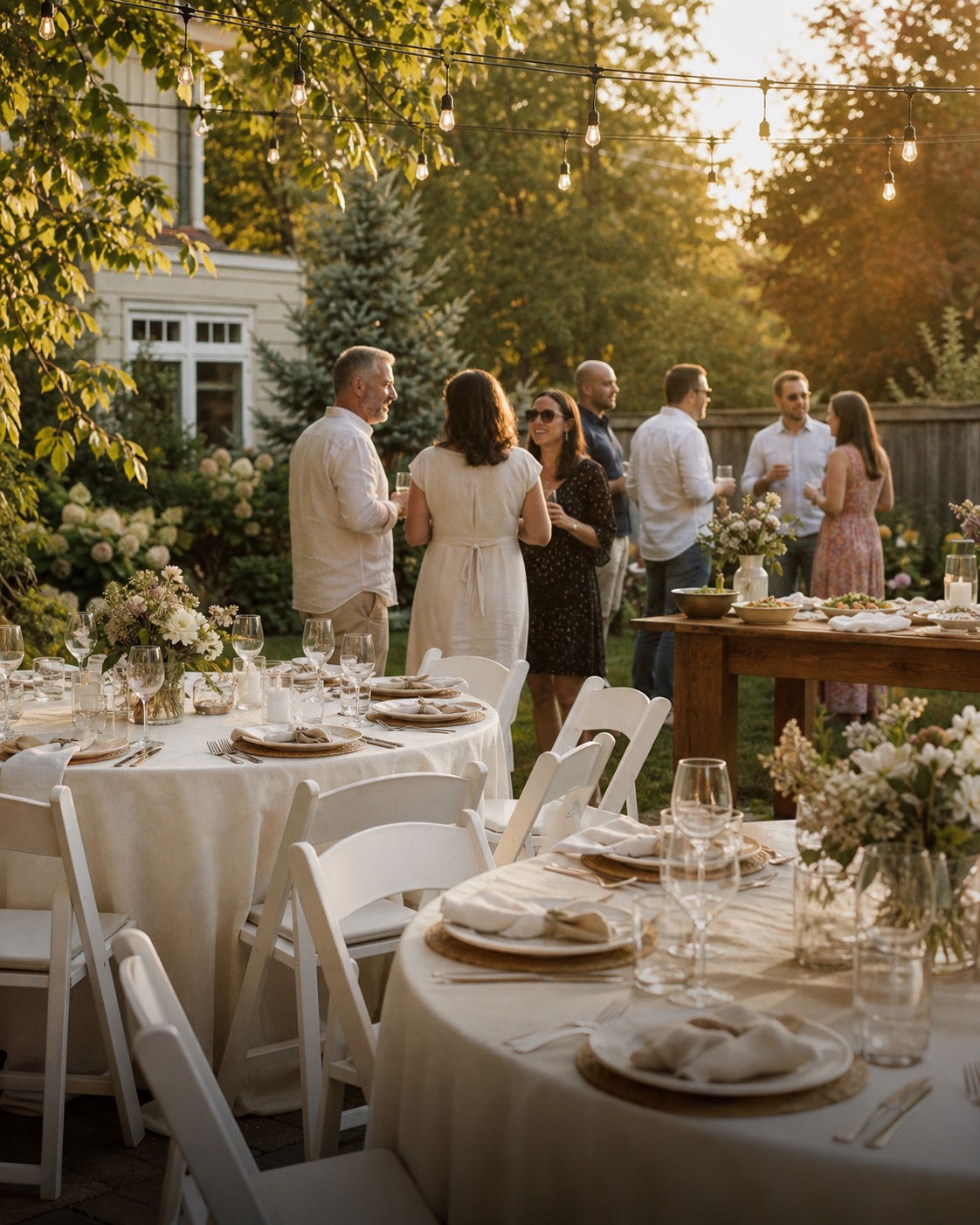 An elegant backyard gathering with white tables, chairs, flowers, and guests at golden hour